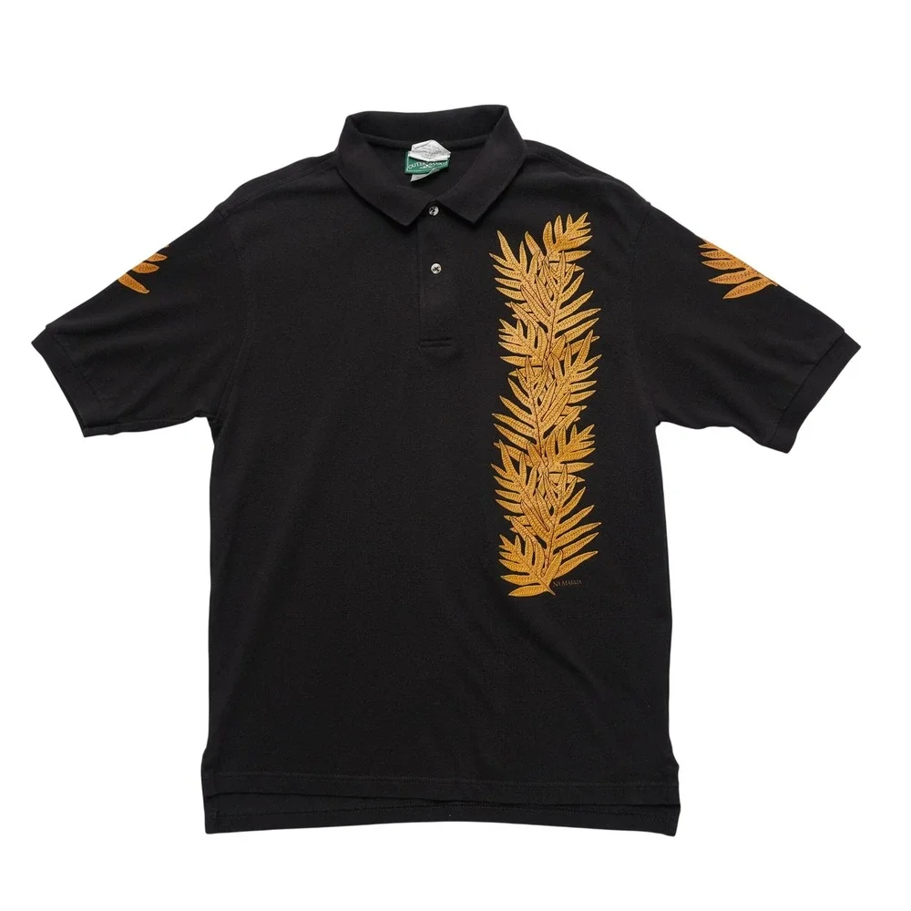 Na Makua Hawaii Polo Mens Medium Black Gold Fern Tropical Aloha Shirt